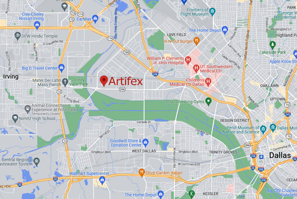 map showing Artifex showroom location in North West Dallas, not far from the city of Irving.